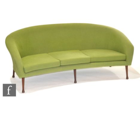 Guy Rogers Ltd - A 'Frisco Bay' teak framed three piece lounge suite, comprising concave fronted sofa and a pair of armchairs