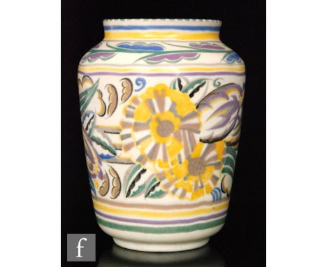 Carter, Stabler and Adams (Poole Pottery) - A 1930s red bodied shape 970 vase decorated in the FK pattern by Norah Preston, i