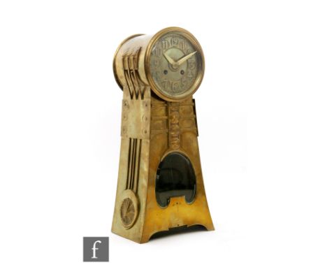 Unknown - A continental brass eight day strike mantle clock, Arabic numerals to a brass circular dial supported by a flaring 