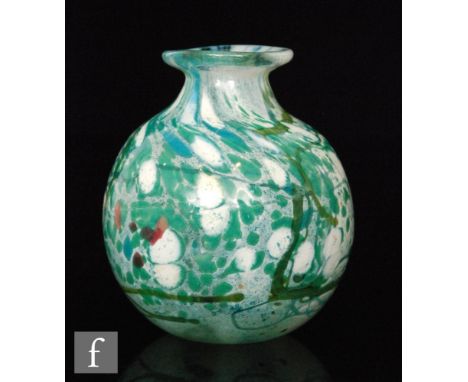 Isle of Wight - A later 20th Century Archive glass vase of globe and shaft form, decorated with green spotting over an opal g