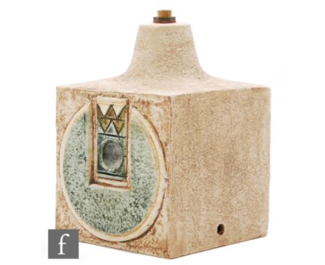 Troika Pottery - A cube form table lamp base decorated by Annette Walters, textured and two sides incised with geometric desi
