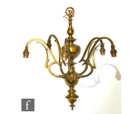 Unknown - An Arts and Crafts brass 5-branch pendant light fitting with stylised whiplash swan neck brackets, height 54cm.