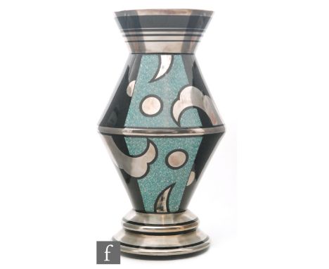 HEM - A large 1930s Czechoslovakian glass vase of footed angular form with flared collar neck, decorated in silver lustre and