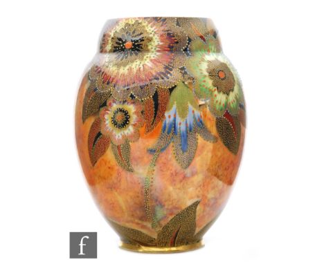 Carlton Ware - A 1930s Art Deco vase of swollen form with an indented collar neck decorated in the Palm Blossom pattern with 