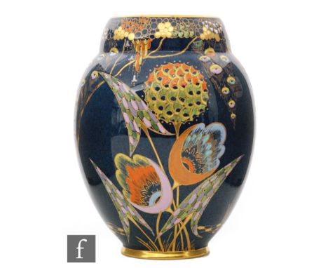 Carlton Ware - A 1930s Art Deco vase of swollen form with an indented collar neck decorated in the Devil's Copse pattern with