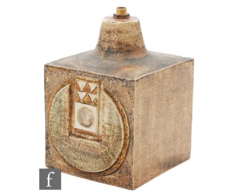 Troika Pottery - A textured cube form table lamp base, with two sides of incised geometric designs, painted mark 'Troika Corn