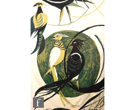 Hans Tisdall - Edinburgh Weavers - A pair of full length curtains circa 1960 in the Pheasant Moon pattern with stylised birds