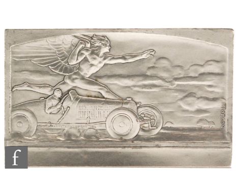 A. Morlon -  A silver plated French rectangular motoring plaque depicting a racing car and Hermes to a landscape setting, len