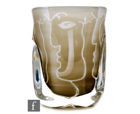 Ingeborg Lundin - Orrefors - A post war Ariel Faces glass vase of squared sleeve form, internally decorated with stylised Pic