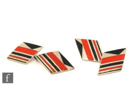 Unknown - A pair of Art Deco chain linked triangular cufflinks, the white metal decorated with an enamelled geometric design 