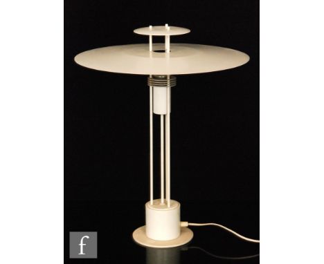 Frandsen - Danish - A table lamp of stepped circular form, all to a white powder coated finish, bears paper label to base, he