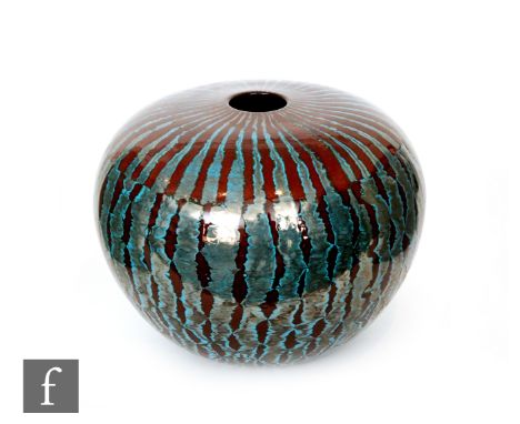 Massimo Micheluzzi - Murano - A large contemporary glass vase of ovoid form decorated with tapered bands of silver and blue i