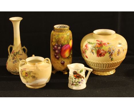 A Royal Worcester blush ivory ovoid vase, painted with flowers and insect, dated 1899, 12cm high; a cylindrical vase, painted