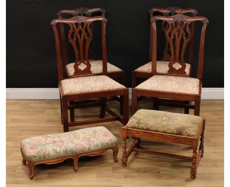 A near set of four Chippendale Revival mahogany dining chairs, 96cm high, 53cm wide, the seat 38cm deep; a serpentine six leg