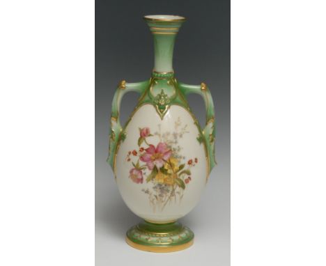A Royal Worcester two handled pedestal ovoid vase, decorated with colourful summer flowers, on a white ground, the handles, n