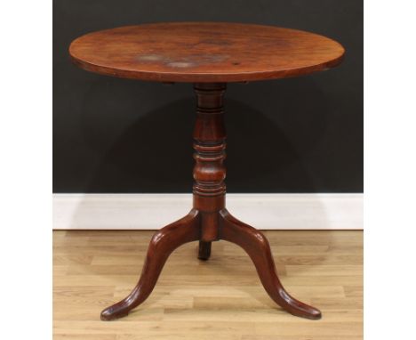 A 19th century mahogany tripod occasional table, circular tilting top, ring-turned column, cabriole legs, 73cm high, 74cm dia