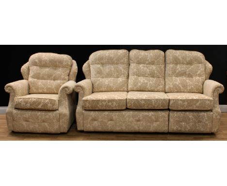 A contemporary G Plan sofa, the end seat reclining, 107cm high, 200cm wide; a conforming armchair, 103cm high, 93cm wide (2) 