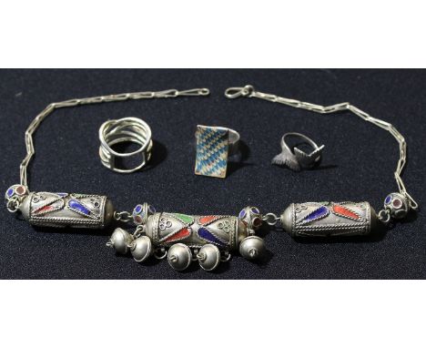 Jewellery - an Indian silver and enamel necklace; three silver rings 