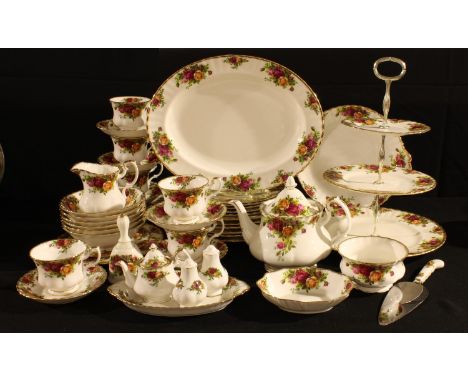 A Royal Albert Old Country Roses pattern tea and dinner service for six, teapot, milk and sugar, bread and butter plate, oval