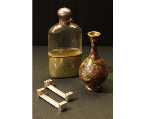 A silver mounted and clear glass hip flask, Birmingham 1888, associated plated beaker, 15.5cm high;  a cloisonne case, 12cm h