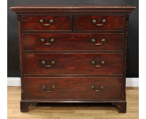 A George III mahogany chest, rectangular top with dentil frieze above two short and three long graduated cockbeaded drawers, 