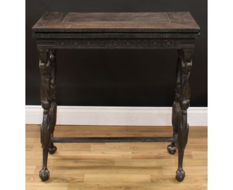 An unusual Anglo-Indian/Ceylonese coromandel card table, folding top with fluted border, enclosing an inset baise-lined playi