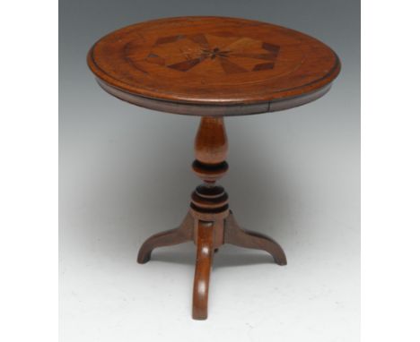 Miniature Furniture - a Victorian mahogany and parquetry tripod centre table, hinged moulded top inlaid with a star motif and