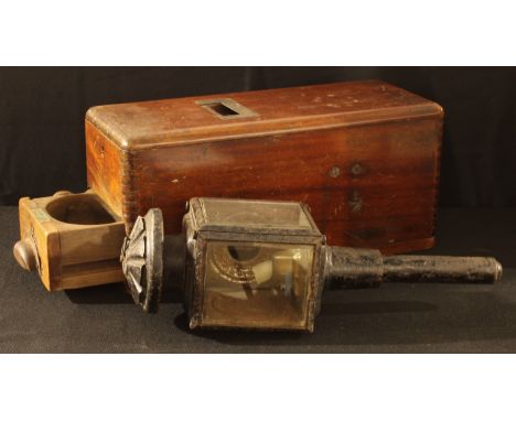 A late 19th/early 20th century wooden cash till, G. R. Stokes, Hanley; a black painted coaching lamp (2) 