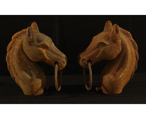 Architectural Salvage - a pair of cast iron equestrian mounts, each as the head of a horse, 21.5cm high, the aperture approxi