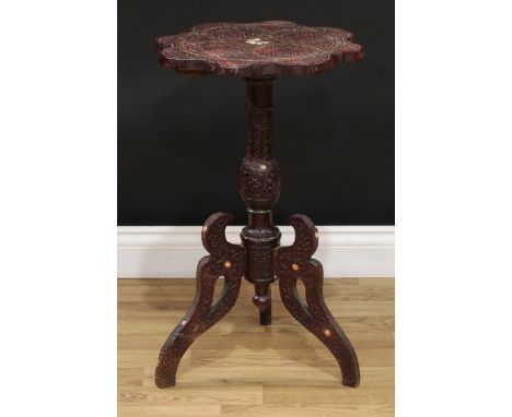 A Middle Eastern tripod occasional table, in the Moorish taste, 65.5cm high, 39.5cm 'diameter' 