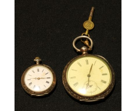 A late 19th century German silver open face pocket watch, Roman numerals, seconds dial, with key; a continental silver lady's
