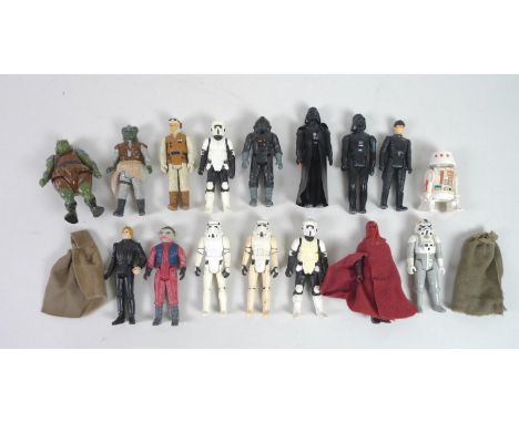 A group of sixteen original Star Wars toy action figures, comprising a 1977 Darth Vader with vinyl cloak and light sabre, ano