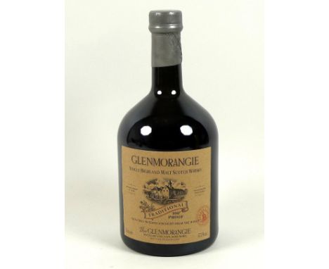 Vintage Whisky: a bottle of Glenmorangie single Highland malt Scotch whisky, Traditional 100 proof, Speyside, guaranteed 10 y