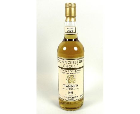 Vintage Whisky: a bottle of Teaninich Highland single malt Scotch whisky, Connoisseurs Choice, distilled December 1991, bottl