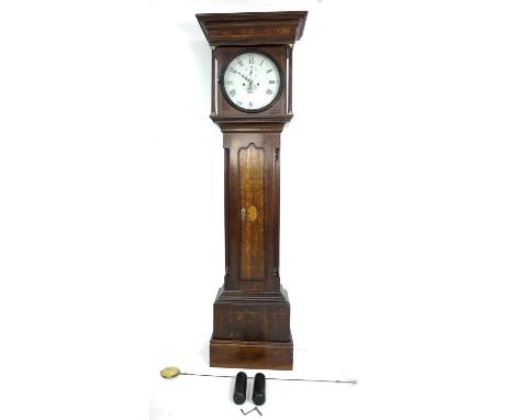 An early 19th century mahogany and oak long case clock, circular white enamel dial signed Deacon Leicester, with black Roman 