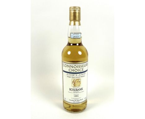 Vintage Whisky: a bottle of Rosebank Lowland single malt Scotch whisky, Connoisseurs Choice, distilled March 1991, bottled Ap