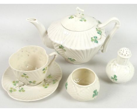 A small group of Belleek 'Harp Shamrock' items, comprising a teapot, 13cm high, with third black mark to the base (1926-1946)