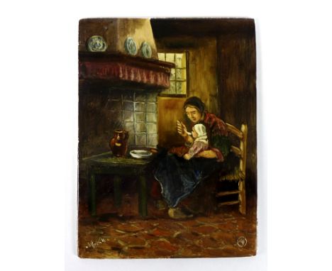 An Edwardian hand painted tile, depicting an interior scene of 19th century Dutch mother feeding her baby, seated by an open 