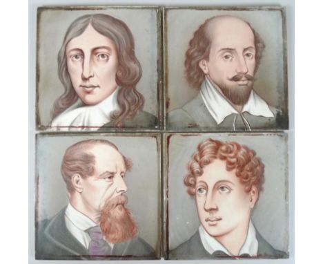 A group of four Edwardian Minton, Hollins and Co tiles of unusually large size, each painted with portraits of writers compri