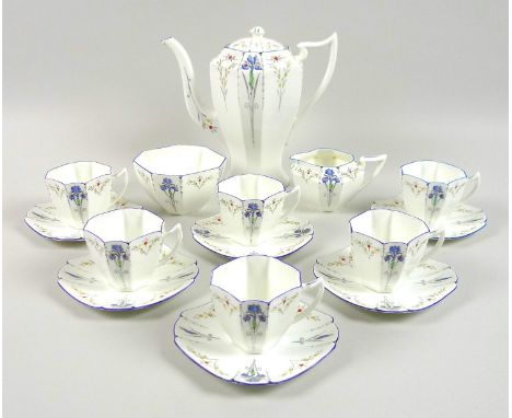 A Shelley Queen Anne shape 'Blue Iris' pattern tea set, comprising teapot, milk jug, sugar bowl, six tea cups, and six saucer