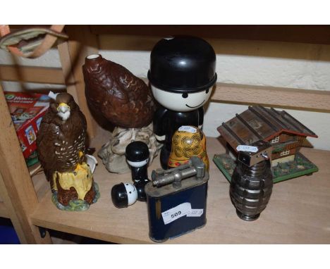 Mixed Lot: Royal Doulton Buzzard novelty decanter, empty together with a similar Famous Grouse, Home Pride figures, lighters 