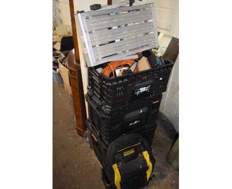 Mixed Lot: Crates of various tools and garage clearance items, a Stanley backpack and a folding step-up