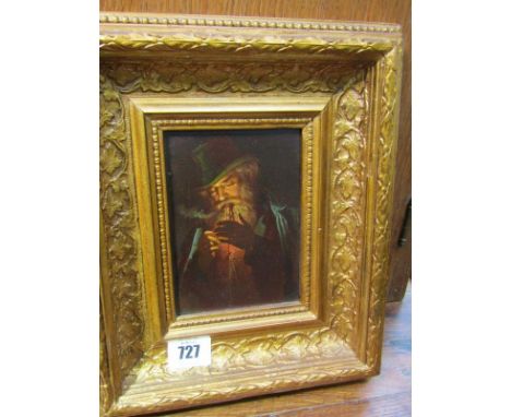 EUROPEAN SCHOOL, oil on mahogany panel "Portrait of bearded Gentleman lighting pipe", 13cm x 10cm 