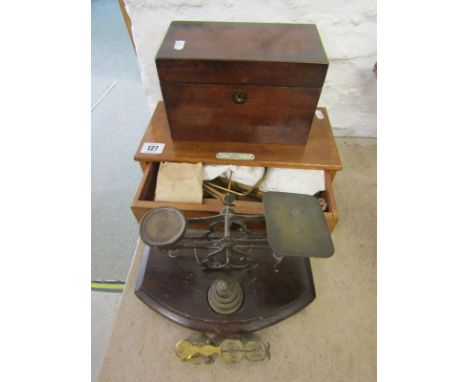 ANTIQUE POSTAL SCALES with 4 graduated weights, also pocket sovereign scales by Askey's, together with cased balance scales b