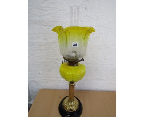 EDWARDIAN OIL LAMP, Art Nouveau brass base column support oil lamp, yellow glass reservoir with etched yellow crinoline edge 