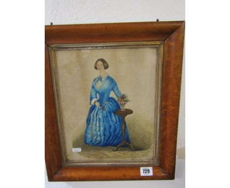 EARLY VICTORIAN SCHOOL, watercolour "Portrait of Lady in blue dress beside a table with vase of flowers", in antique maple fr