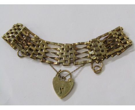 5 BAR GATE BRACELET, 9ct yellow gold 5 bar gate bracelet with heart padlock clasp and safety chain, approx 13.3 grams 
