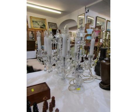 VINTAGE LIGHTING, set of 4 Georgian design twin branch electric candelabra with droplet swags, 50cm height 