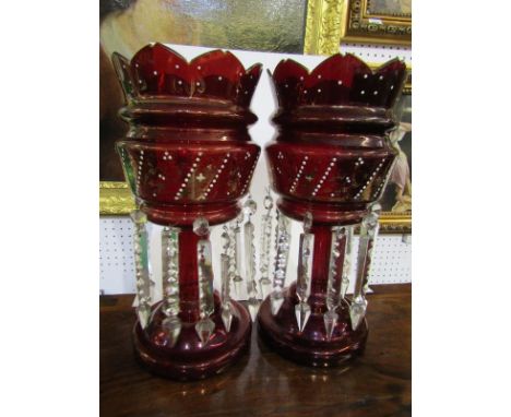VICTORIAN GLASSWARE, pair of ruby glass circular pedestal drop lustres with jewelled decoration, 39cm height 