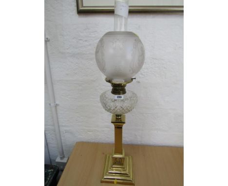 EDWARDIAN OIL LAMP, brass square base column support oil lamp with cut glass reservoir and frosted glass spherical shade, 59c